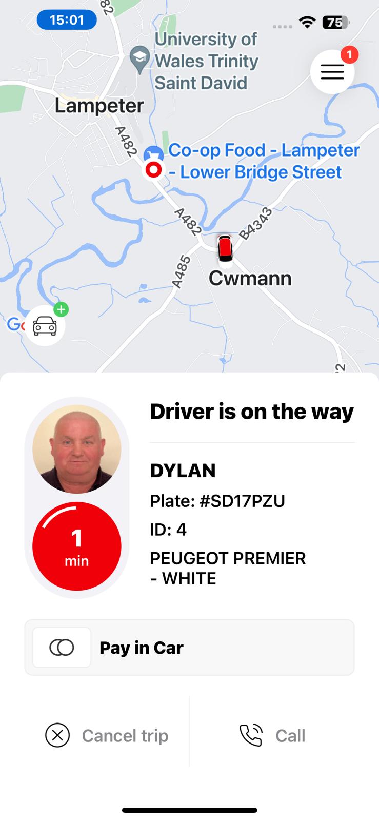 Teifi Taxis mobile app showing live driver tracking on a map